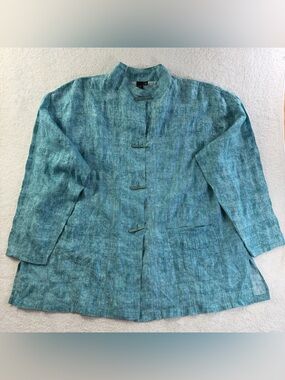 Focus Casual Life Cotton Mandarin Toggle Shirt Made USA M Oversized Teal